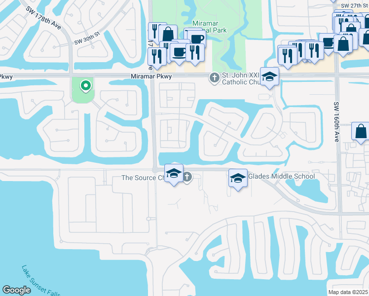 map of restaurants, bars, coffee shops, grocery stores, and more near 12969 Southwest 39th Court in Miramar
