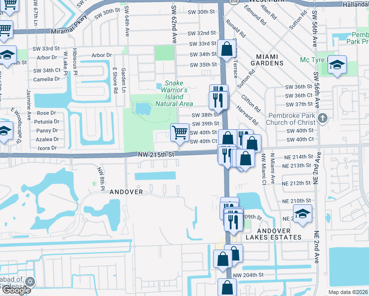 map of restaurants, bars, coffee shops, grocery stores, and more near 6161 Southwest 41st Street in Miramar