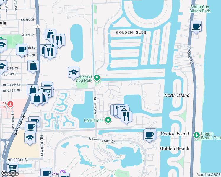map of restaurants, bars, coffee shops, grocery stores, and more near 21375 Marina Cove Circle in Aventura
