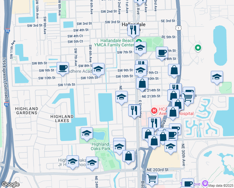 map of restaurants, bars, coffee shops, grocery stores, and more near 21300 Northeast 25th Court in Miami