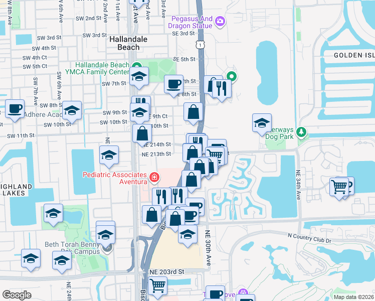 map of restaurants, bars, coffee shops, grocery stores, and more near 21290 Biscayne Boulevard in Aventura