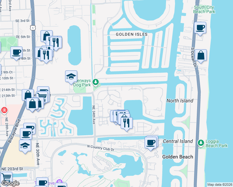 map of restaurants, bars, coffee shops, grocery stores, and more near 21388 Marina Cove Circle in Miami