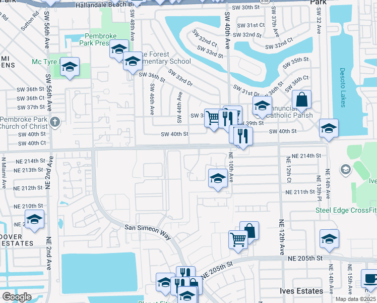 map of restaurants, bars, coffee shops, grocery stores, and more near 21451 San Simeon Way in Miami