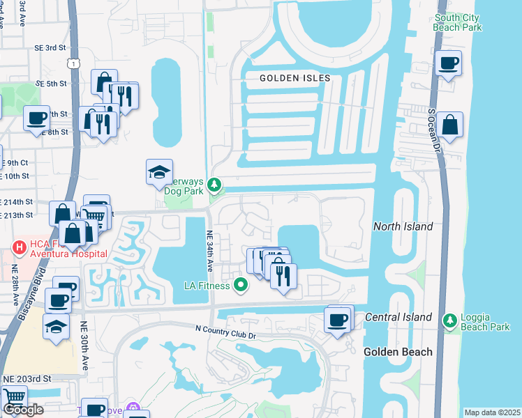 map of restaurants, bars, coffee shops, grocery stores, and more near 3600 Yacht Club Drive in Aventura