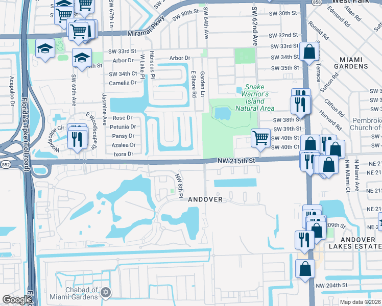 map of restaurants, bars, coffee shops, grocery stores, and more near in Miramar