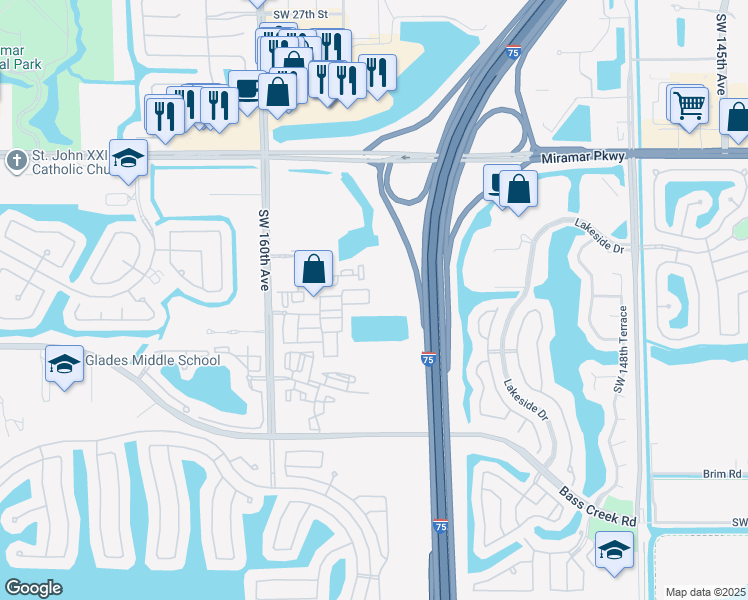 map of restaurants, bars, coffee shops, grocery stores, and more near 3999 Southwest 155th Avenue in Miramar
