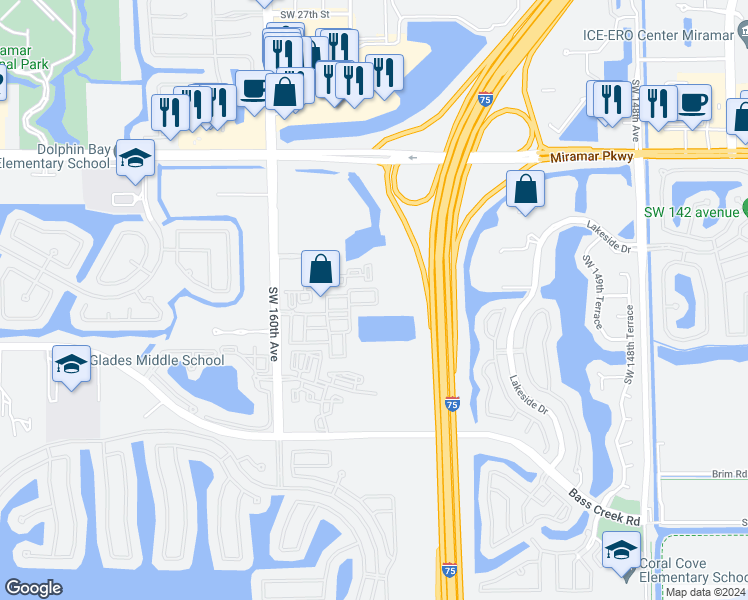 map of restaurants, bars, coffee shops, grocery stores, and more near 3999 Southwest 155th Avenue in Miramar