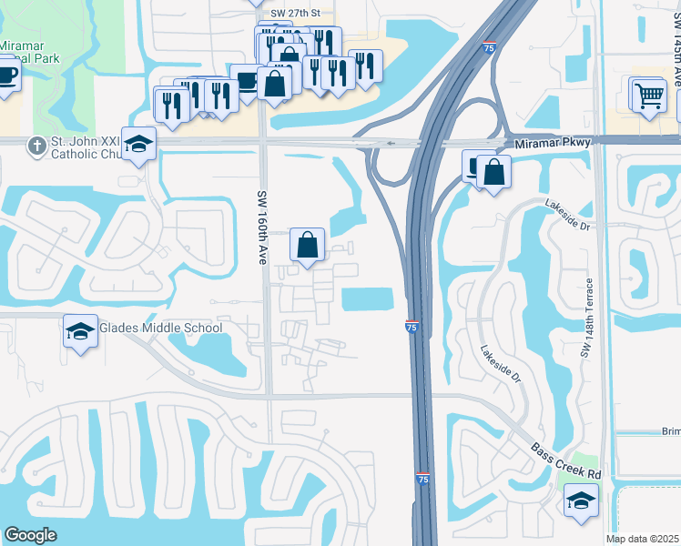 map of restaurants, bars, coffee shops, grocery stores, and more near 15601 Southwest 40th Street in Miramar