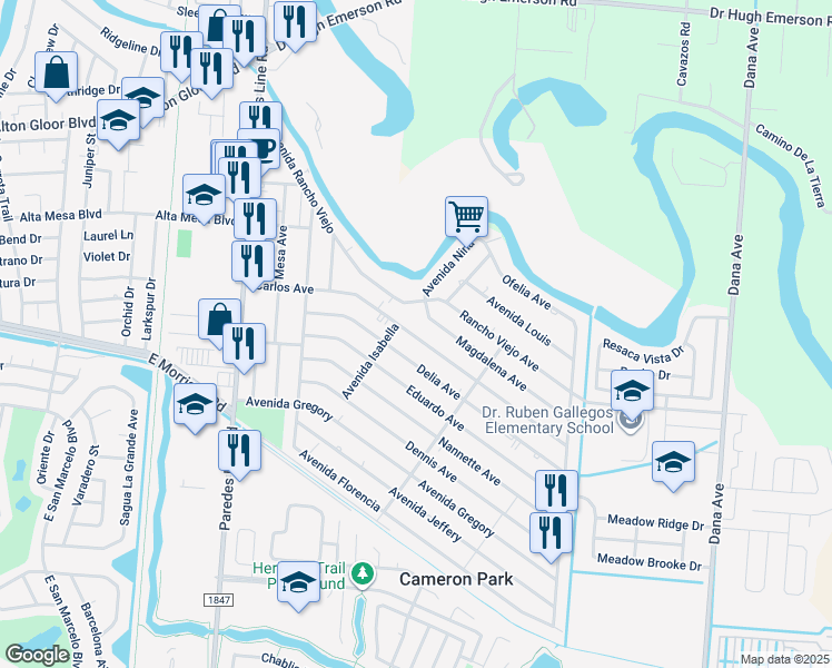 map of restaurants, bars, coffee shops, grocery stores, and more near 2322 Carlos Avenue in Brownsville