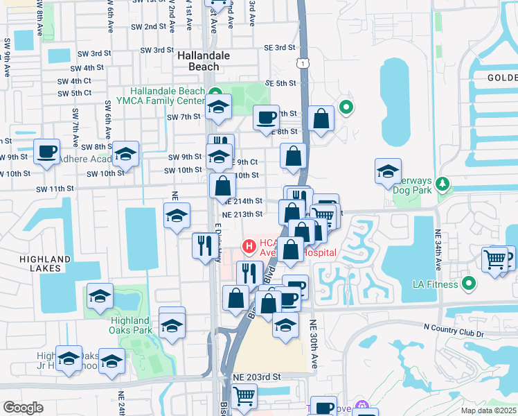 map of restaurants, bars, coffee shops, grocery stores, and more near 2820 Northeast 214th Street in Aventura