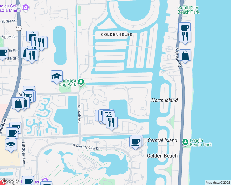 map of restaurants, bars, coffee shops, grocery stores, and more near 3610 Yacht Club Drive in Aventura