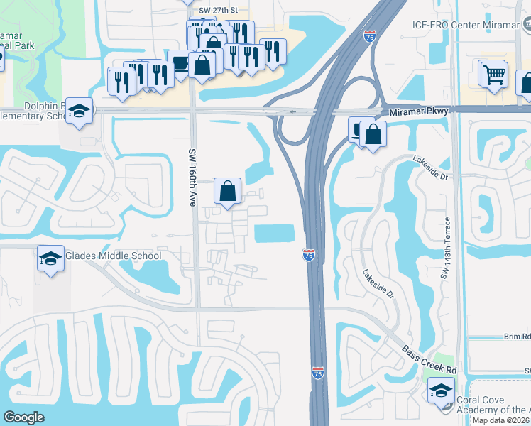 map of restaurants, bars, coffee shops, grocery stores, and more near 3999 Southwest 155th Avenue in Miramar