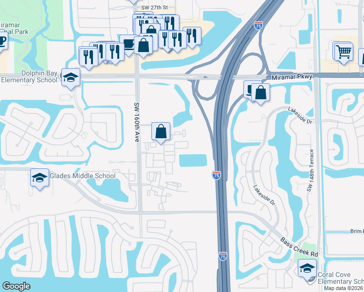 map of restaurants, bars, coffee shops, grocery stores, and more near 3999 Southwest 155th Avenue in Miramar