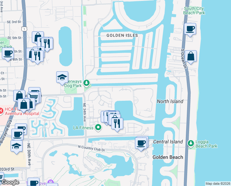 map of restaurants, bars, coffee shops, grocery stores, and more near 3600 Yacht Club Drive in Aventura