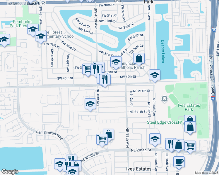 map of restaurants, bars, coffee shops, grocery stores, and more near 1070 Northeast 214th Street in Miami