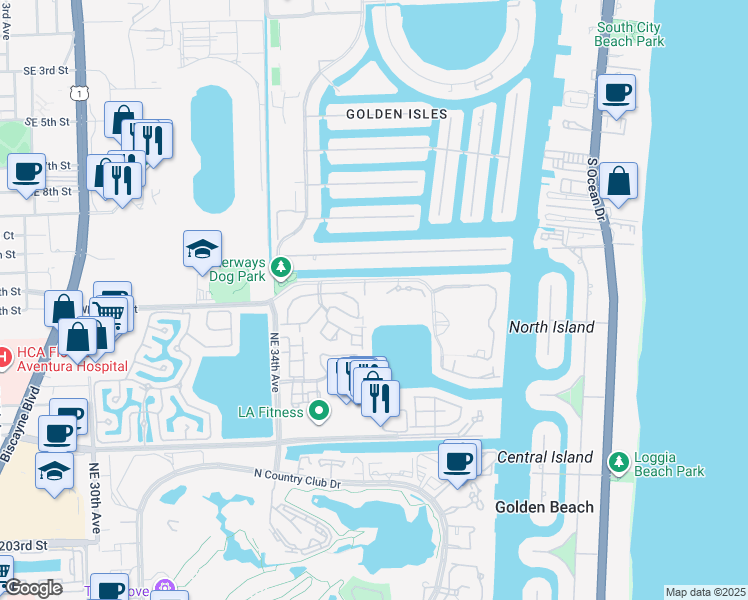 map of restaurants, bars, coffee shops, grocery stores, and more near 3600 Yacht Club Drive in Aventura