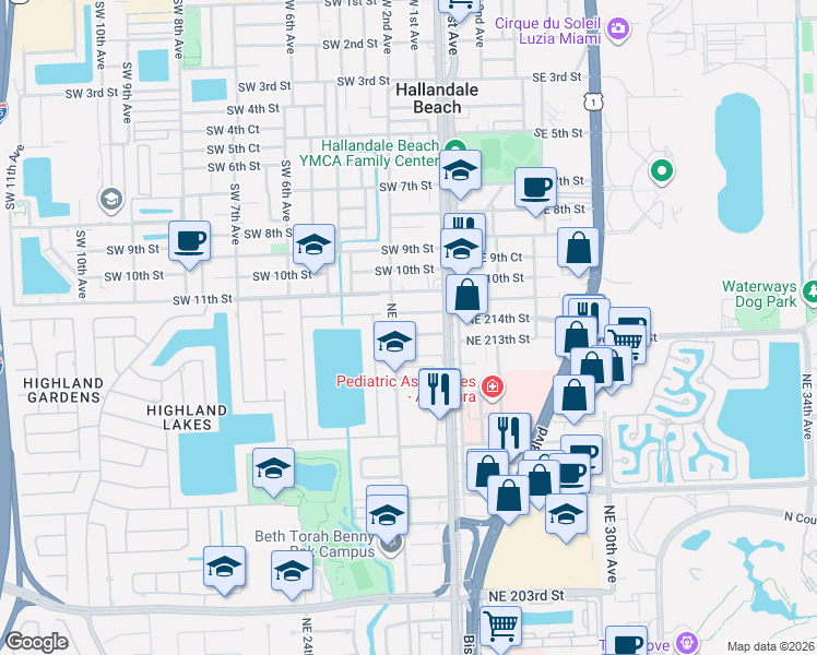 map of restaurants, bars, coffee shops, grocery stores, and more near 2610 Northeast 213th Street in Miami