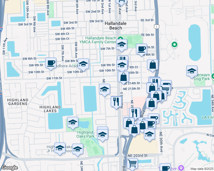 map of restaurants, bars, coffee shops, grocery stores, and more near 2610 Northeast 213th Street in Miami
