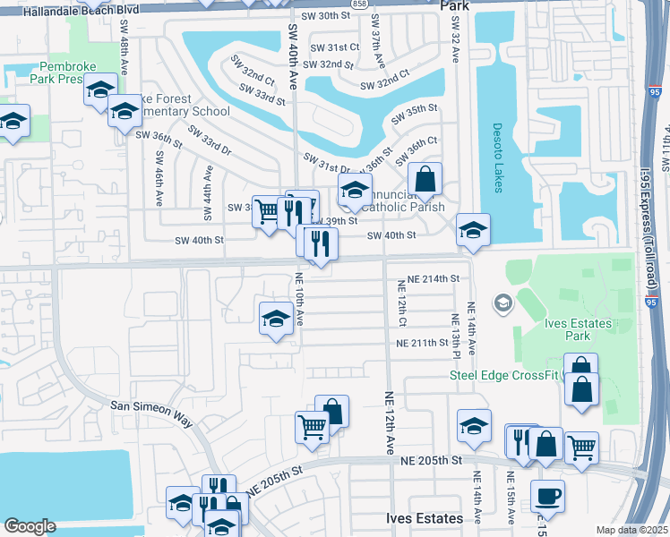 map of restaurants, bars, coffee shops, grocery stores, and more near 1070 Northeast 214th Street in Miami
