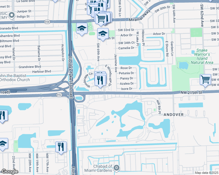 map of restaurants, bars, coffee shops, grocery stores, and more near 102 County Line Road in Miami Gardens