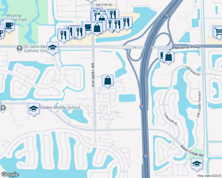 map of restaurants, bars, coffee shops, grocery stores, and more near 15601 Southwest 40th Street in Miramar