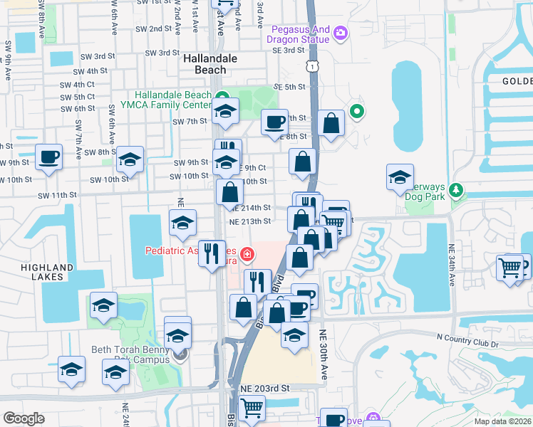 map of restaurants, bars, coffee shops, grocery stores, and more near 2820 Northeast 214th Street in Miami
