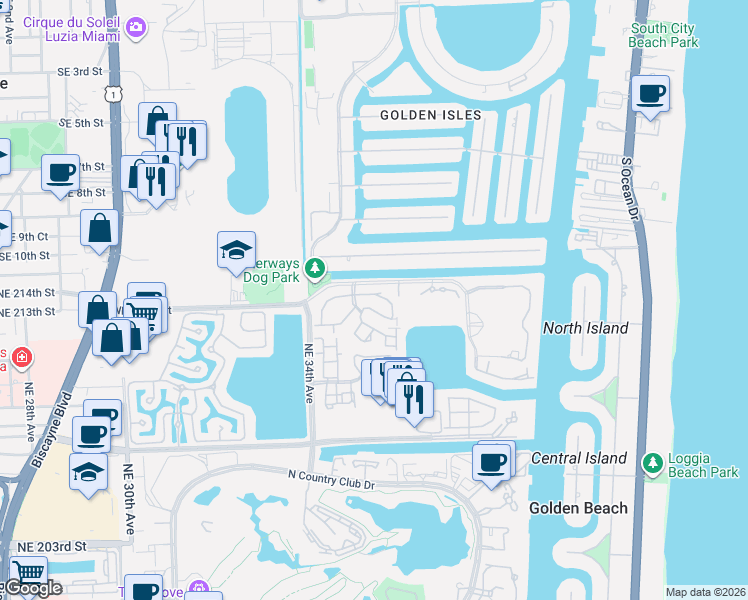 map of restaurants, bars, coffee shops, grocery stores, and more near 21195 Helmsman Drive in Aventura