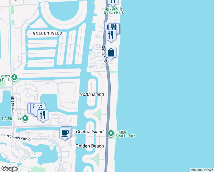 map of restaurants, bars, coffee shops, grocery stores, and more near 600 Ocean Boulevard in Golden Beach