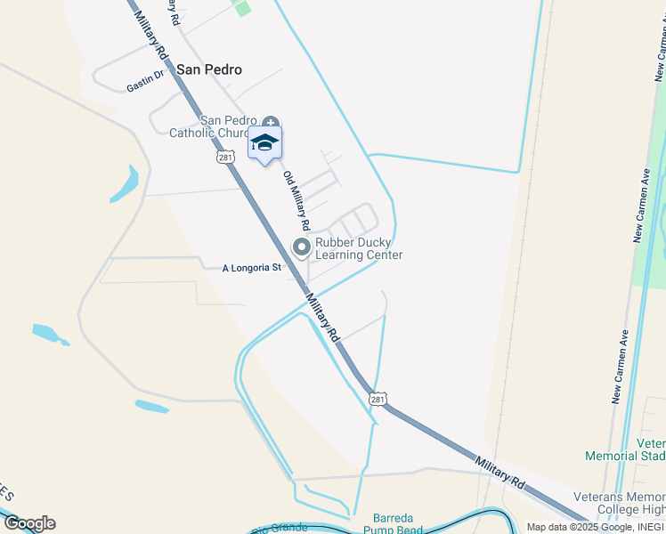 map of restaurants, bars, coffee shops, grocery stores, and more near San Pedro Road in Brownsville