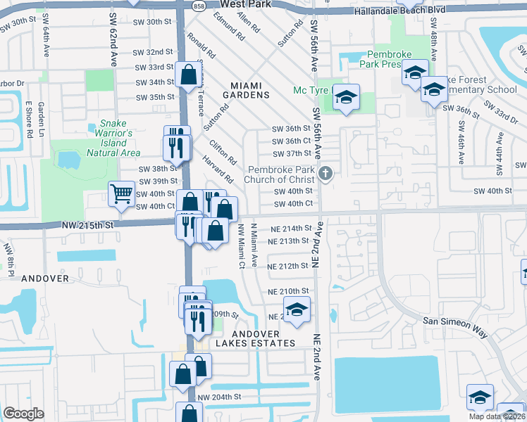 map of restaurants, bars, coffee shops, grocery stores, and more near in West Park
