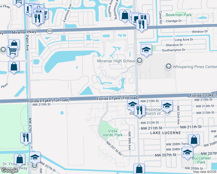 map of restaurants, bars, coffee shops, grocery stores, and more near 8991 Southwest 41st Street in Miramar
