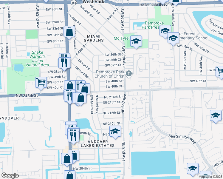 map of restaurants, bars, coffee shops, grocery stores, and more near 75 Northeast 214th Street in Miami