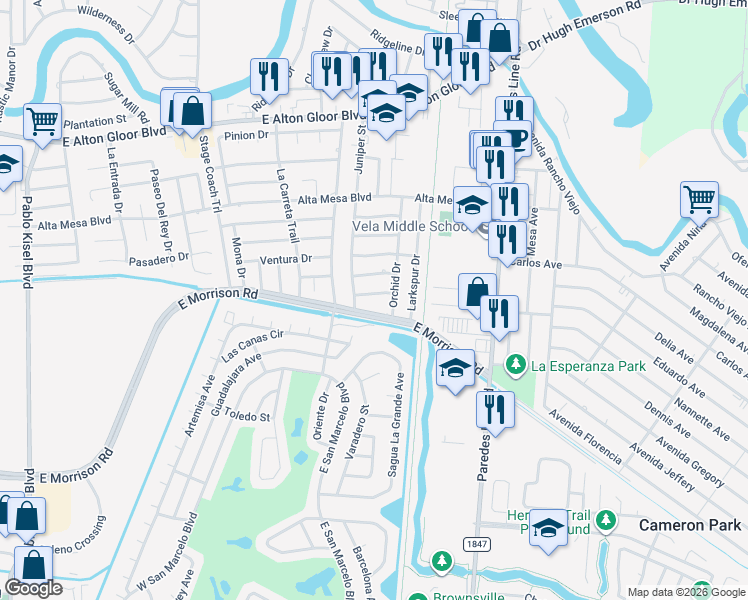 map of restaurants, bars, coffee shops, grocery stores, and more near E Morrison Rd in Brownsville