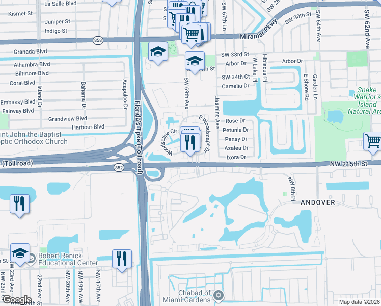 map of restaurants, bars, coffee shops, grocery stores, and more near 762 Northwest 215th Street in Miramar
