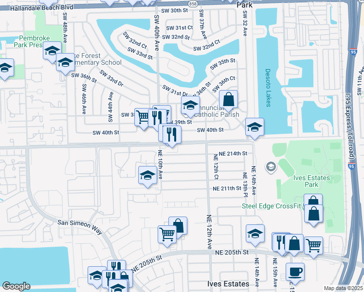 map of restaurants, bars, coffee shops, grocery stores, and more near 1080 Northeast 215th Street in Miami