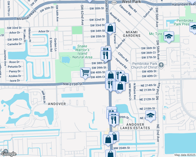 map of restaurants, bars, coffee shops, grocery stores, and more near 6046 Southwest 40th Court in Miramar