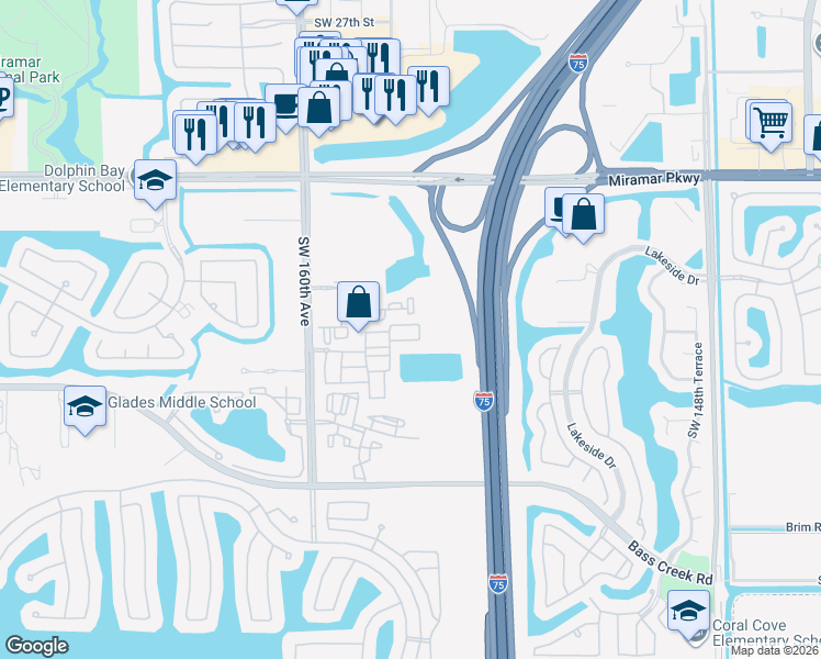 map of restaurants, bars, coffee shops, grocery stores, and more near 15524 Southwest 39th Street in Miramar