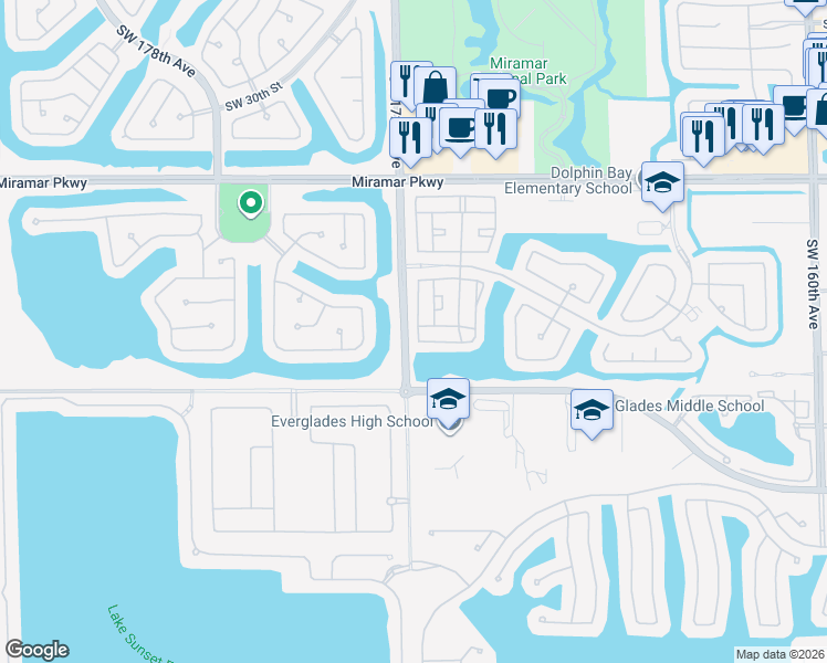 map of restaurants, bars, coffee shops, grocery stores, and more near 3900 Southwest 171st Terrace in Miramar
