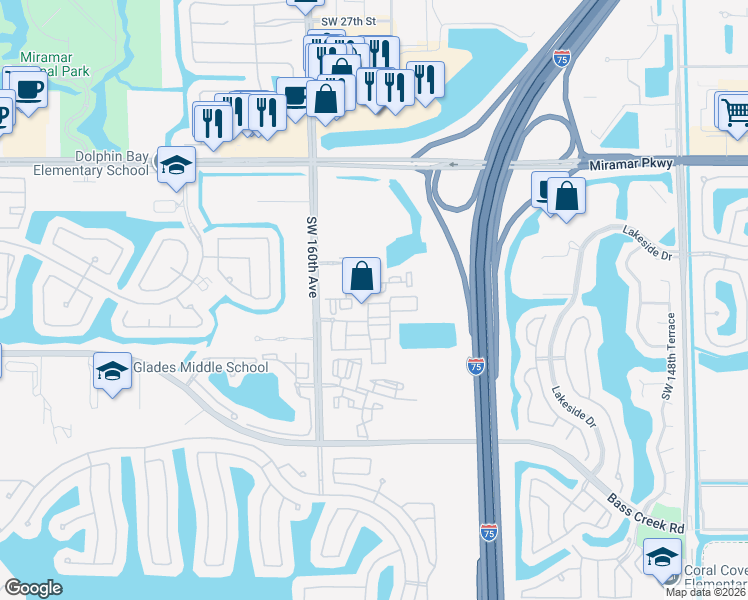 map of restaurants, bars, coffee shops, grocery stores, and more near 3751 Southwest 160th Avenue in Miramar