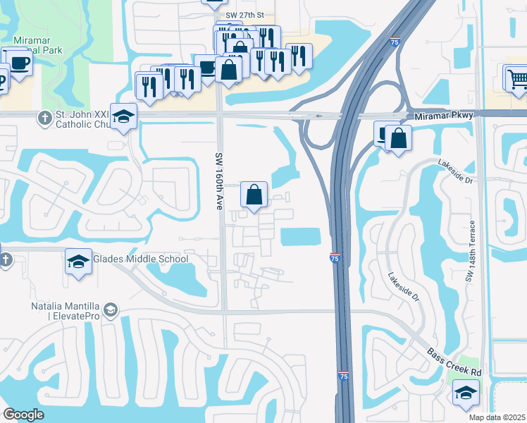 map of restaurants, bars, coffee shops, grocery stores, and more near 3751 Southwest 160th Avenue in Miramar