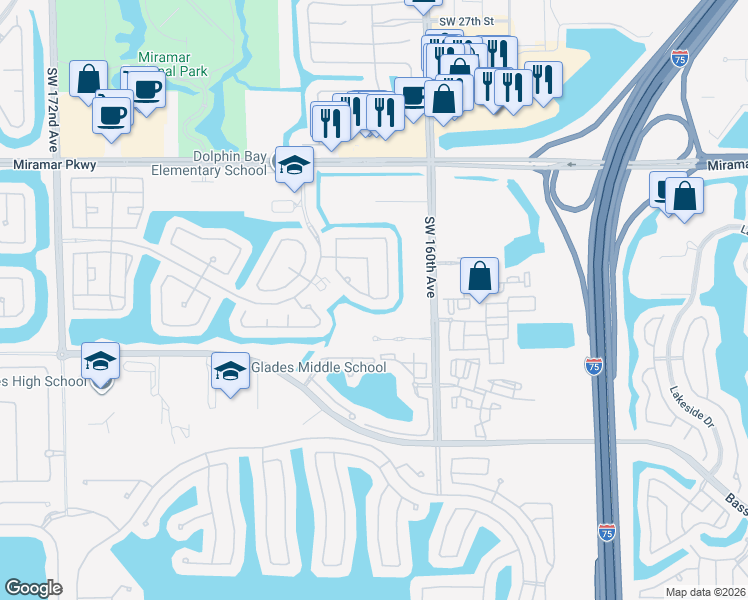 map of restaurants, bars, coffee shops, grocery stores, and more near 3662 Southwest 162nd Avenue in Miramar