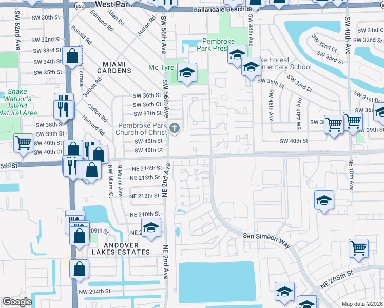map of restaurants, bars, coffee shops, grocery stores, and more near 5433 Northeast 215th Street in Pembroke Park