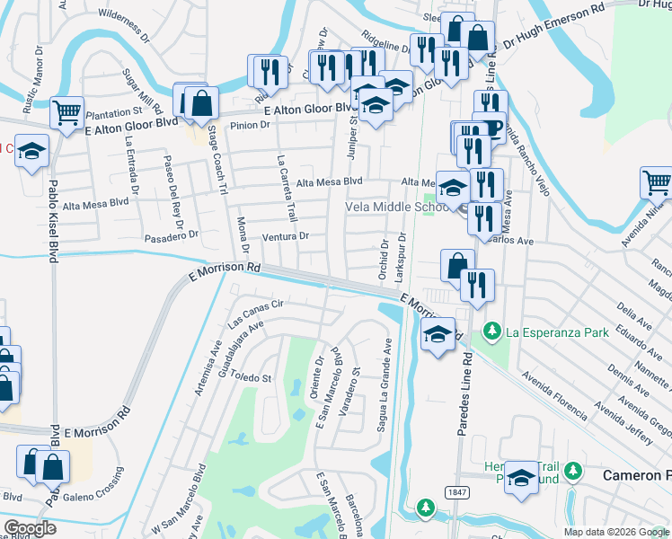 map of restaurants, bars, coffee shops, grocery stores, and more near 1706 Carnation Drive in Brownsville