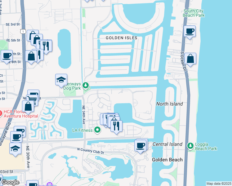map of restaurants, bars, coffee shops, grocery stores, and more near 3598 Yacht Club Drive in Aventura