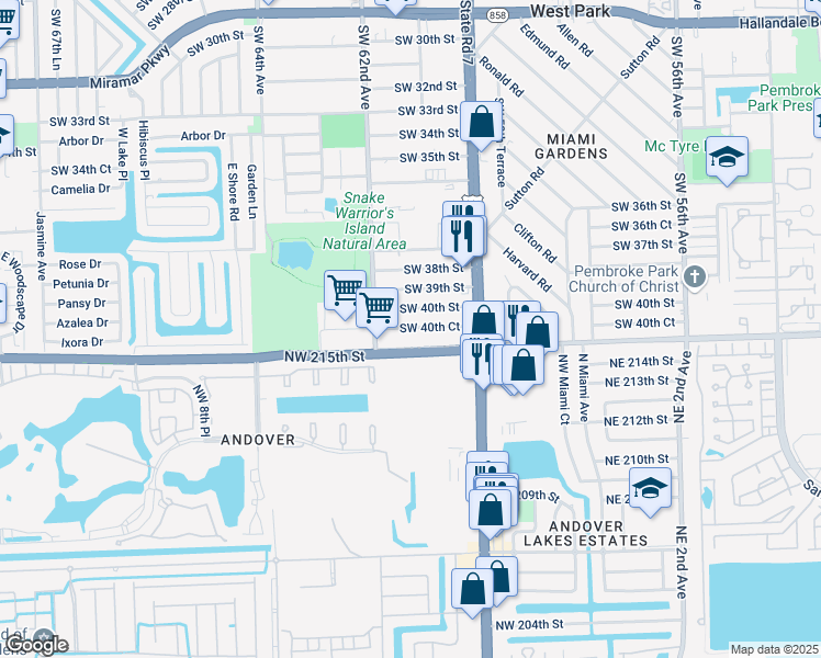 map of restaurants, bars, coffee shops, grocery stores, and more near 6128 Southwest 40th Street in Miramar