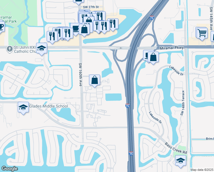 map of restaurants, bars, coffee shops, grocery stores, and more near 3851 Southwest 160th Avenue in Miramar