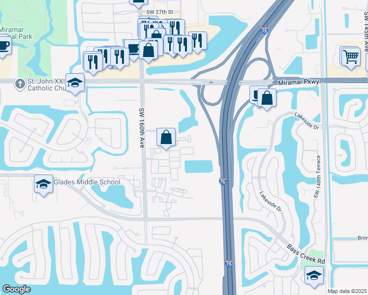 map of restaurants, bars, coffee shops, grocery stores, and more near 3751 Southwest 160th Avenue in Miramar