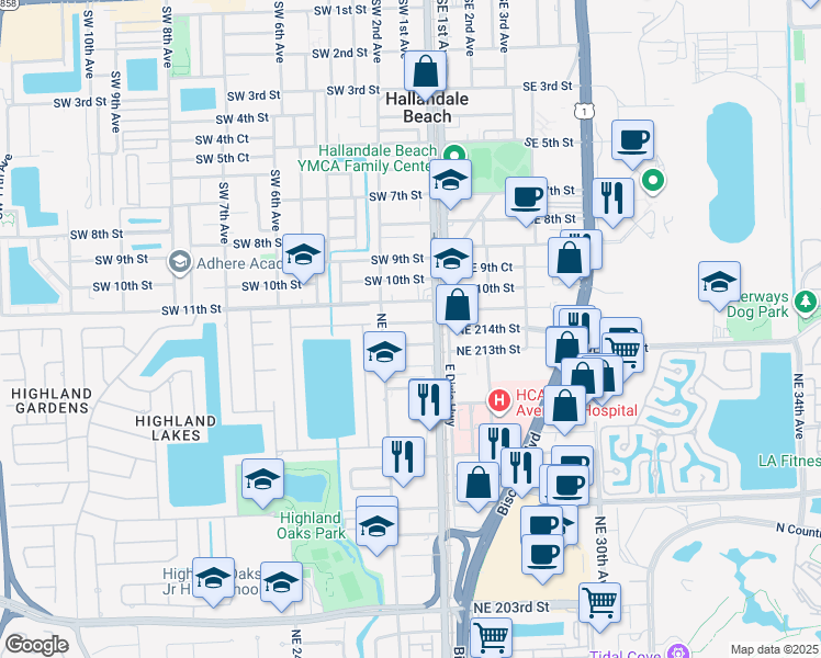 map of restaurants, bars, coffee shops, grocery stores, and more near 2630 Northeast 215th Street in Miami