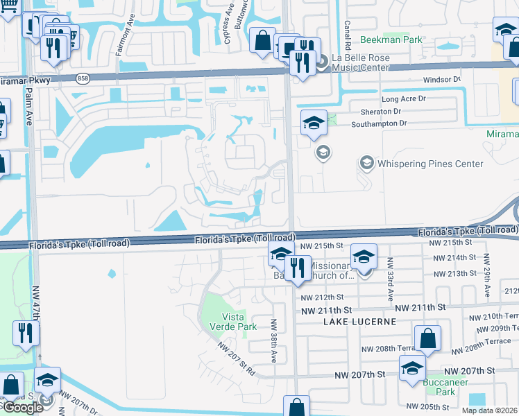 map of restaurants, bars, coffee shops, grocery stores, and more near 9063 Southwest 39th Street in Miramar