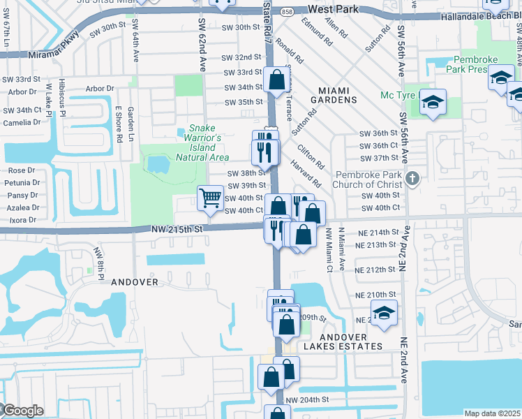 map of restaurants, bars, coffee shops, grocery stores, and more near 4006 South State Road 7 in Miramar